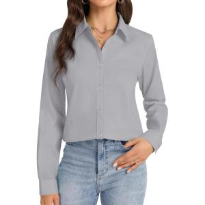 imageJVER Button Down Shirts for Women Stretch Collared Cotton Long Sleeve Dress Shirt Business Casual Blouse for WorkLight Grey