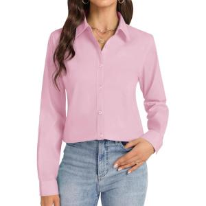 imageJVER Button Down Shirts for Women Stretch Collared Cotton Long Sleeve Dress Shirt Business Casual Blouse for WorkLight Pink