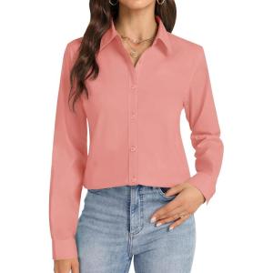 imageJVER Button Down Shirts for Women Stretch Collared Cotton Long Sleeve Dress Shirt Business Casual Blouse for WorkPeach
