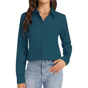 imageJVER Button Down Shirts for Women Stretch Collared Cotton Long Sleeve Dress Shirt Business Casual Blouse for WorkPeacock Blue