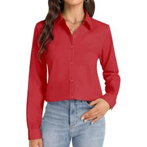 imageJVER Button Down Shirts for Women Stretch Collared Cotton Long Sleeve Dress Shirt Business Casual Blouse for WorkRed