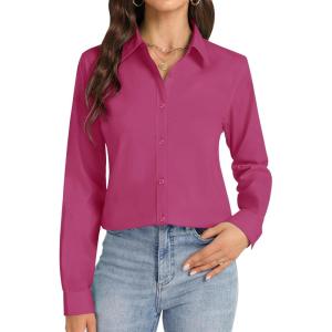imageJVER Button Down Shirts for Women Stretch Collared Cotton Long Sleeve Dress Shirt Business Casual Blouse for WorkRose Red