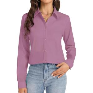 imageJVER Button Down Shirts for Women Stretch Collared Cotton Long Sleeve Dress Shirt Business Casual Blouse for WorkRose Salt