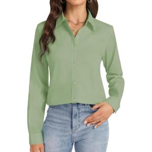 imageJVER Button Down Shirts for Women Stretch Collared Cotton Long Sleeve Dress Shirt Business Casual Blouse for WorkSage Green