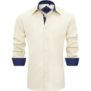 imageJVER Mens Casual Long Sleeve Stretch Dress Shirt WrinkleFree Regular Fit Button Down ShirtsBeige