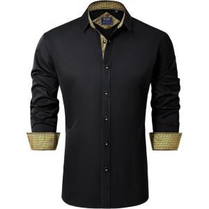 imageJVER Mens Casual Long Sleeve Stretch Dress Shirt WrinkleFree Regular Fit Button Down ShirtsBlack Gold