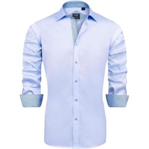 imageJVER Mens Casual Long Sleeve Stretch Dress Shirt WrinkleFree Regular Fit Button Down ShirtsBlue Blue
