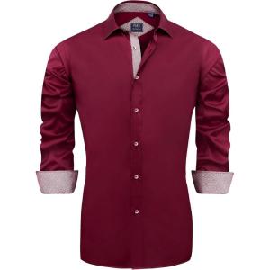 imageJVER Mens Casual Long Sleeve Stretch Dress Shirt WrinkleFree Regular Fit Button Down ShirtsBurgundy Red