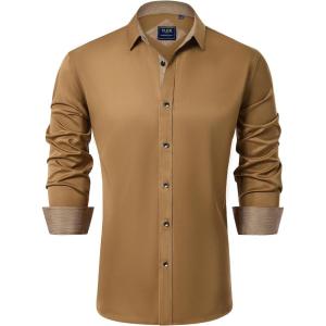imageJVER Mens Casual Long Sleeve Stretch Dress Shirt WrinkleFree Regular Fit Button Down ShirtsEarthen Brown