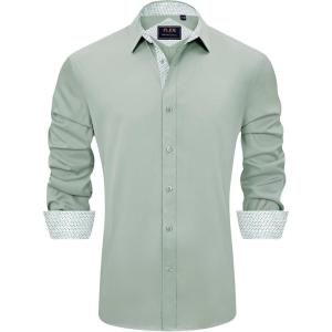 imageJVER Mens Casual Long Sleeve Stretch Dress Shirt WrinkleFree Regular Fit Button Down ShirtsGreen