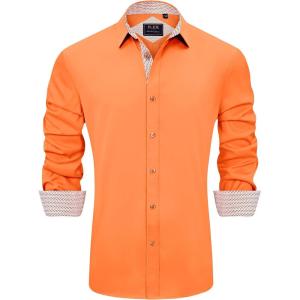 imageJVER Mens Casual Long Sleeve Stretch Dress Shirt WrinkleFree Regular Fit Button Down ShirtsOrange