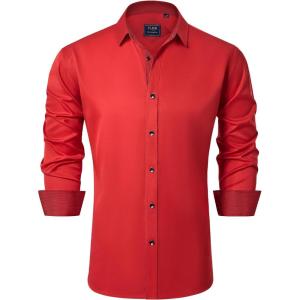 imageJVER Mens Casual Long Sleeve Stretch Dress Shirt WrinkleFree Regular Fit Button Down ShirtsRed