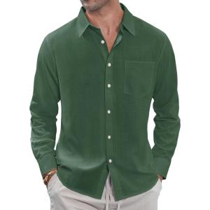 imageJVER Mens Linen Shirts Casual Button Down Long Sleeve Shirt Solid Spread Collar Summer Beach Shirts with PocketArmy Green
