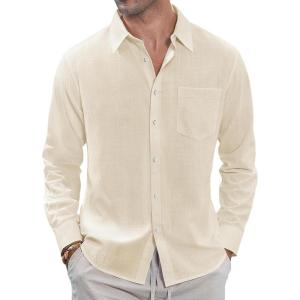 imageJVER Mens Linen Shirts Casual Button Down Long Sleeve Shirt Solid Spread Collar Summer Beach Shirts with PocketBeige