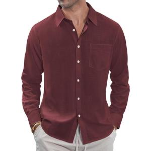 imageJVER Mens Linen Shirts Casual Button Down Long Sleeve Shirt Solid Spread Collar Summer Beach Shirts with PocketBurgundy
