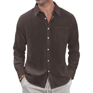 imageJVER Mens Linen Shirts Casual Button Down Long Sleeve Shirt Solid Spread Collar Summer Beach Shirts with PocketCoffee