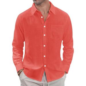 imageJVER Mens Linen Shirts Casual Button Down Long Sleeve Shirt Solid Spread Collar Summer Beach Shirts with PocketCoral