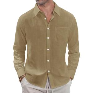 imageJVER Mens Linen Shirts Casual Button Down Long Sleeve Shirt Solid Spread Collar Summer Beach Shirts with PocketDark Khaki