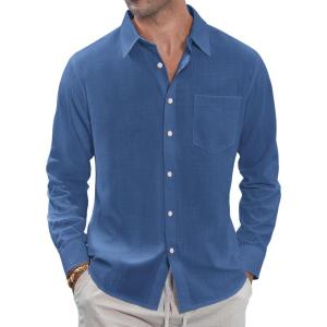 imageJVER Mens Linen Shirts Casual Button Down Long Sleeve Shirt Solid Spread Collar Summer Beach Shirts with PocketDenim Blue