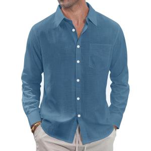 imageJVER Mens Linen Shirts Casual Button Down Long Sleeve Shirt Solid Spread Collar Summer Beach Shirts with PocketGrey Blue