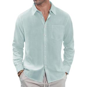 imageJVER Mens Linen Shirts Casual Button Down Long Sleeve Shirt Solid Spread Collar Summer Beach Shirts with PocketGrey Green