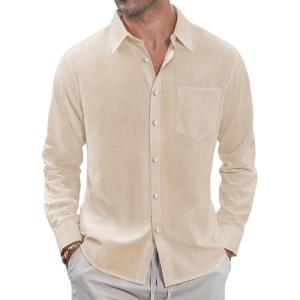imageJVER Mens Linen Shirts Casual Button Down Long Sleeve Shirt Solid Spread Collar Summer Beach Shirts with PocketLight Khaki