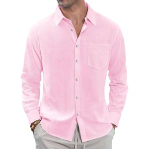 imageJVER Mens Linen Shirts Casual Button Down Long Sleeve Shirt Solid Spread Collar Summer Beach Shirts with PocketLight Pink