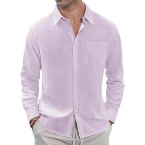 imageJVER Mens Linen Shirts Casual Button Down Long Sleeve Shirt Solid Spread Collar Summer Beach Shirts with PocketLight Purple