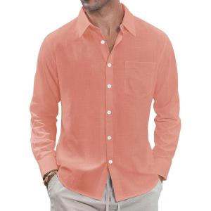 imageJVER Mens Linen Shirts Casual Button Down Long Sleeve Shirt Solid Spread Collar Summer Beach Shirts with PocketPeach