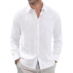 imageJVER Mens Linen Shirts Casual Button Down Long Sleeve Shirt Solid Spread Collar Summer Beach Shirts with PocketWhite