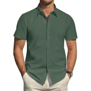 imageJVER Mens Short Sleeve Dress Shirts Stretch Stain Shield Casual Button Down Shirts Solid Formal ShirtArmy Green