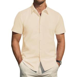 imageJVER Mens Short Sleeve Dress Shirts Stretch Stain Shield Casual Button Down Shirts Solid Formal ShirtBeige