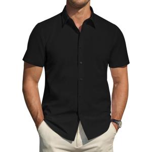 imageJVER Mens Short Sleeve Dress Shirts Stretch Stain Shield Casual Button Down Shirts Solid Formal ShirtBlack