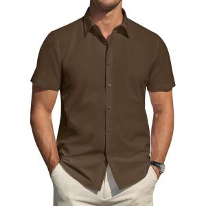 imageJVER Mens Short Sleeve Dress Shirts Stretch Stain Shield Casual Button Down Shirts Solid Formal ShirtBrown
