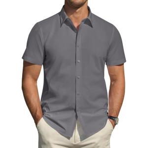 imageJVER Mens Short Sleeve Dress Shirts Stretch Stain Shield Casual Button Down Shirts Solid Formal ShirtDark Grey