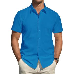 imageJVER Mens Short Sleeve Dress Shirts Stretch Stain Shield Casual Button Down Shirts Solid Formal ShirtDeep Sea