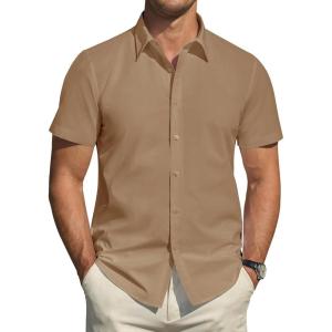 imageJVER Mens Short Sleeve Dress Shirts Stretch Stain Shield Casual Button Down Shirts Solid Formal ShirtKhaki