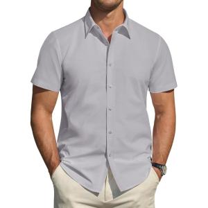 imageJVER Mens Short Sleeve Dress Shirts Stretch Stain Shield Casual Button Down Shirts Solid Formal ShirtLight Grey