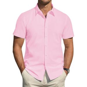 imageJVER Mens Short Sleeve Dress Shirts Stretch Stain Shield Casual Button Down Shirts Solid Formal ShirtLight Pink