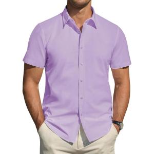 imageJVER Mens Short Sleeve Dress Shirts Stretch Stain Shield Casual Button Down Shirts Solid Formal ShirtLight Purple