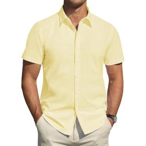imageJVER Mens Short Sleeve Dress Shirts Stretch Stain Shield Casual Button Down Shirts Solid Formal ShirtLight Yellow