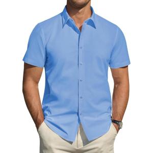 imageJVER Mens Short Sleeve Dress Shirts Stretch Stain Shield Casual Button Down Shirts Solid Formal ShirtMisty Blue