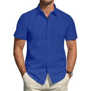 imageJVER Mens Short Sleeve Dress Shirts Stretch Stain Shield Casual Button Down Shirts Solid Formal ShirtRoyal Blue
