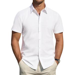 imageJVER Mens Short Sleeve Dress Shirts Stretch Stain Shield Casual Button Down Shirts Solid Formal ShirtWhite