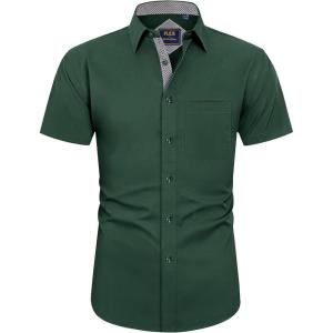 imageJVER Mens Short Sleeve Dress Shirts Stretch Wrinkle Free Casual Button Down Shirts with Pocket for Business WeddingArmy Green