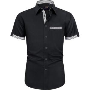 imageJVER Mens Short Sleeve Dress Shirts Stretch Wrinkle Free Casual Button Down Shirts with Pocket for Business WeddingBlack Contrast