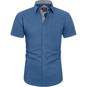 imageJVER Mens Short Sleeve Dress Shirts Stretch Wrinkle Free Casual Button Down Shirts with Pocket for Business WeddingInk Blue