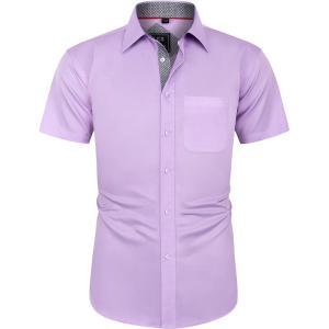 imageJVER Mens Short Sleeve Dress Shirts Stretch Wrinkle Free Casual Button Down Shirts with Pocket for Business WeddingLight Purple