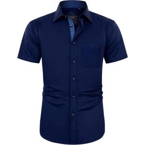 imageJVER Mens Short Sleeve Dress Shirts Stretch Wrinkle Free Casual Button Down Shirts with Pocket for Business WeddingNavy Blue