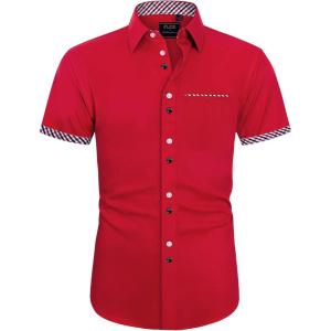 imageJVER Mens Short Sleeve Dress Shirts Stretch Wrinkle Free Casual Button Down Shirts with Pocket for Business WeddingRed Style